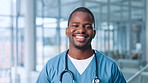 Face, happy black man and nurse in clinic for medicine, wellness career and portrait. Smile, physician and medical professional with confident surgeon, healthcare worker and employee in hospital