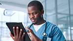 Healthcare, nurse and tablet with black man in hospital for review of information or records. Insurance, medical and telehealth with resident medicine professional in clinic for diagnosis or results