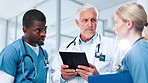 Nurses, mentor or doctors in hospital with tablet, planning or health treatment results in group. Meeting, teamwork or people in discussion for medical advice, clinic schedule or diagnosis research