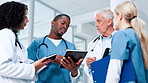 Nurses, diversity or doctors in hospital with tablet, planning or health treatment results to help. Meeting, teamwork or people in discussion for medical advice, clinic schedule or diagnosis research