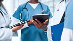 Surgeon, hands or doctors in meeting with tablet, planning or health treatment results in group. Nurses, teamwork or people in discussion for medical advice, hospital schedule or diagnosis research