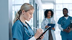 Healthcare, nurse and tablet with woman in hospital for review of information or records. Medicine, stethoscope and telehealth with medical intern in clinic for cardiology feedback or results