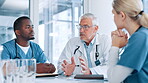 Mature, healthcare or doctors in meeting with nurses, planning or health treatment results in hospital. Mentor, teamwork or people in group discussion for medical advice, clinic schedule or research
