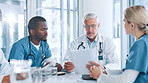 Paperwork, healthcare or doctors in meeting with nurses, planning or health treatment results in hospital. Mentor, teamwork or people in discussion for medical advice, clinic schedule or research