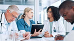 Doctors, medical team or people in meeting with tablet, planning and health treatment results in group. Talking, collaboration or nurses in clinic for healthcare info, schedule or diagnosis research
