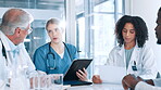 Discussion, medical team or doctors in meeting with tablet, planning and health treatment results in group. Talking, help or people in clinic for healthcare advice, schedule or diagnosis research