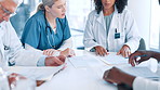 Doctors, medical team or people in meeting with paperwork, planning and health treatment results in group. Talking, collaboration or nurses in clinic for healthcare, checklist or documents research