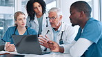 Doctor, nurse and discussion with laptop at hospital for healthcare results, surgery planning and report analysis. Medical team, flare and people with online research for health procedure in clinic