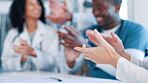 Hands, doctors and applause for team support, celebrate and praise with pride from professional medical group. Healthcare, seminar or workshop with people clapping for cheers, success and motivation