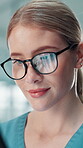 Tablet, nurse and glasses with woman in hospital for patient records, medical history and clinical notes. Telehealth report, insurance and ultrasound results with person in clinic for healthcare app