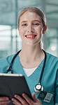 Tablet, nurse and face with woman in hospital for patient records, medical history and clinical notes. Telehealth report, insurance and ultrasound results with person in clinic for healthcare app
