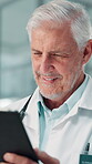 Tablet, doctor and research with man in hospital for diagnosis report, online medical journal and virtual consultant. Telehealth, healthcare and treatment plan with mature person in clinic for app