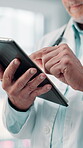 Tablet, doctor and hands with man in hospital for diagnosis report, online medical journal and reading. Telehealth, healthcare and treatment plan with closeup of person in clinic for insurance app