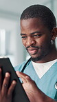 Tablet, smile and medical with black man in hospital for surgery schedule, treatment plan and research. Anatomy app, patient insurance and healthcare diagnosis with nurse in clinic for scroll