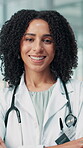 Doctor, face and woman with arms crossed at hospital for healthcare treatment, laughing and professional career. Medicine, african person and happy in portrait for medical support, help or cardiology