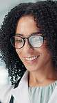 Tablet, woman and doctor in hospital for research on medical diagnosis, telehealth or treatment plan. Glasses, reading and female surgeon on app for test results or insurance information in clinic