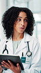 Tablet, discussion and medical with woman in hospital for surgery schedule, treatment plan and research. Anatomy app, patient insurance and healthcare diagnosis with doctor in clinic for feedback