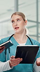 Woman, meeting and doctor on tablet at hospital for planning, feedback and medical results of surgery. Surgeon, talking and digital with staff update, healthcare report and brainstorming for solution
