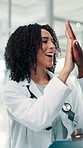 Doctor, team and woman high five for success, healthcare achievement or clap with checklist in clinic. Medical professional, celebrate or hand gesture for collaboration, treatment milestone and happy