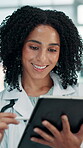 Tablet, check and medical with woman in hospital for surgery schedule, treatment plan and research. Anatomy app, patient insurance and healthcare diagnosis with doctor in clinic for feedback