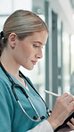 Tablet, nurse and stylus with woman in hospital for patient records, medical history and clinical notes. Telehealth report, insurance and results with person for healthcare worker and research