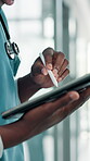 Tablet, nurse and hands of person in hospital for patient records, medical history and clinical notes. Telehealth report, insurance and ultrasound results with closeup of healthcare worker in clinic