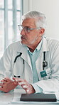 Talking, advice and meeting with doctor in hospital for treatment plan, patient care protocol and consulting. Discussion, brainstorming and healthcare results with mature man for medical report