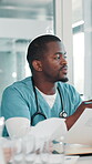 Man, doctor and meeting with document at hospital of planning, medical records and treatment procedure. Surgeon, discussion and paperwork for healthcare information, history report and surgery policy