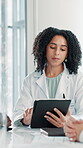 Woman, surgeon and meeting on tablet at hospital for planning, feedback and medical results of surgery. Person, talk and digital with schedule update, healthcare report and brainstorming for solution