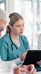 Medical, people and meeting on tablet in hospital for planning, feedback and online results of surgery. Doctors, talk and digital for schedule update, healthcare report and brainstorming for solution