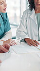 People, doctors and meeting with document at hospital of planning, medical records and treatment procedure. Staff, talking and paperwork with healthcare information, history report and surgery policy