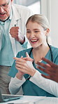 Nurse, team and people clapping for success, healthcare achievement and target. Medical, happy and hands for applause with support for treatment goal, celebrate surgery or results on laptop in clinic