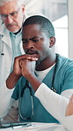 Doctor, nurse and men on laptop for meeting in hospital for medical service, research and planning. Healthcare, clinic and people on computer for online insurance, telehealth and collaboration