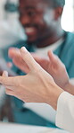 Applause, medical and hands with people in hospital for clinical trial success, research grant approval and news. Nurse, healthcare announcement and winner with closeup of doctor in meeting for bonus