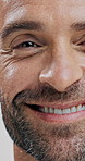Beauty, grooming and smile with face of man closeup in studio for dermatology or skincare.  Aesthetic, cosmetics or hygiene and happy model satisfied with results of natural facial treatment