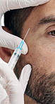 Injection, beauty and wrinkles with man and hand for dermal filler, anti aging and facelift treatment. Dermatology, cosmetic procedure and collagen implant with closeup of person for aesthetic
