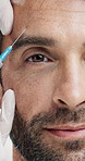 Injection, collagen and face with man and hand for dermal filler, anti aging and facelift treatment. Dermatology, cosmetic procedure and beauty with mature person on white background for wrinkles