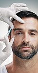 Injection, beauty and face with man and hand for dermal filler, anti aging and facelift treatment. Dermatology, cosmetic procedure and collagen with mature person on white background for wrinkles