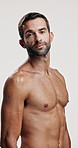 Studio, confident and skincare for man, beauty and facial treatment for glow of skin and dermatology. White background, grooming and person with routine for self care, cosmetics or smooth face in USA