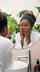 Beauty, wake up and mirror with woman in bathroom for self care, glow and facial treatment. Cosmetics, grooming and cleaning with face of person at home for dermatology, skincare and reflection
