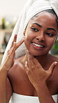 Cosmetics, girl or check face in mirror for skincare treatment results, natural beauty and acne control. Reflection, african person and happy with skin inspection for morning routine and glow in home