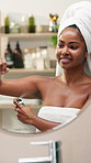Woman, deodorant and spray by bathroom mirror with smile for fragrance, hygiene and healthy skin in home. African girl, person and clean with self care, sweat and odor with product at apartment