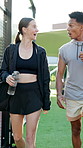 Tennis, walking and friends with bag on court to start practice, training and playing game. Sports club, talking and man and woman for workout, exercise and fitness for practice, match or competition