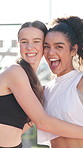Laugh, tennis court and friends with hug, face and sports for match, game or competition. Portrait, bonding and women with athlete, smile and happy for exercise and wellness for training workout