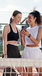 Girl, friends and phone with laughing at tennis court for meme, share or video with sports in summer. Women, people and athlete on smartphone, mobile app and comic update on social media with padel