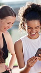 Laugh, phone and friends with tennis court for match, game or competition joke. Social media, bonding and women with athlete, smile and happy for exercise, wellness and training or workout practice