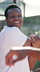 Happy man, tennis player and stretching with coach in fitness for sport, game or match preparation on court. Male person, athlete or friends in warm up or getting ready for physical exercise on pitch