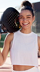 Happy woman, face and paddle tennis with confidence in fitness for sport match, game or exercise on court. Portrait, female person or athlete with smile or bat for competition, challenge or practice