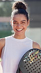 Happy woman, face and paddle tennis with racket in fitness for sport match, game or exercise on court. Portrait, female person or athlete with smile or bat for competition, challenge or practice