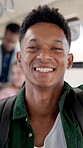 Travel, student and face of man on bus for college commute, shuttle service and urban metro. University journey, public transportation and passenger or person on vehicle for explore and traffic